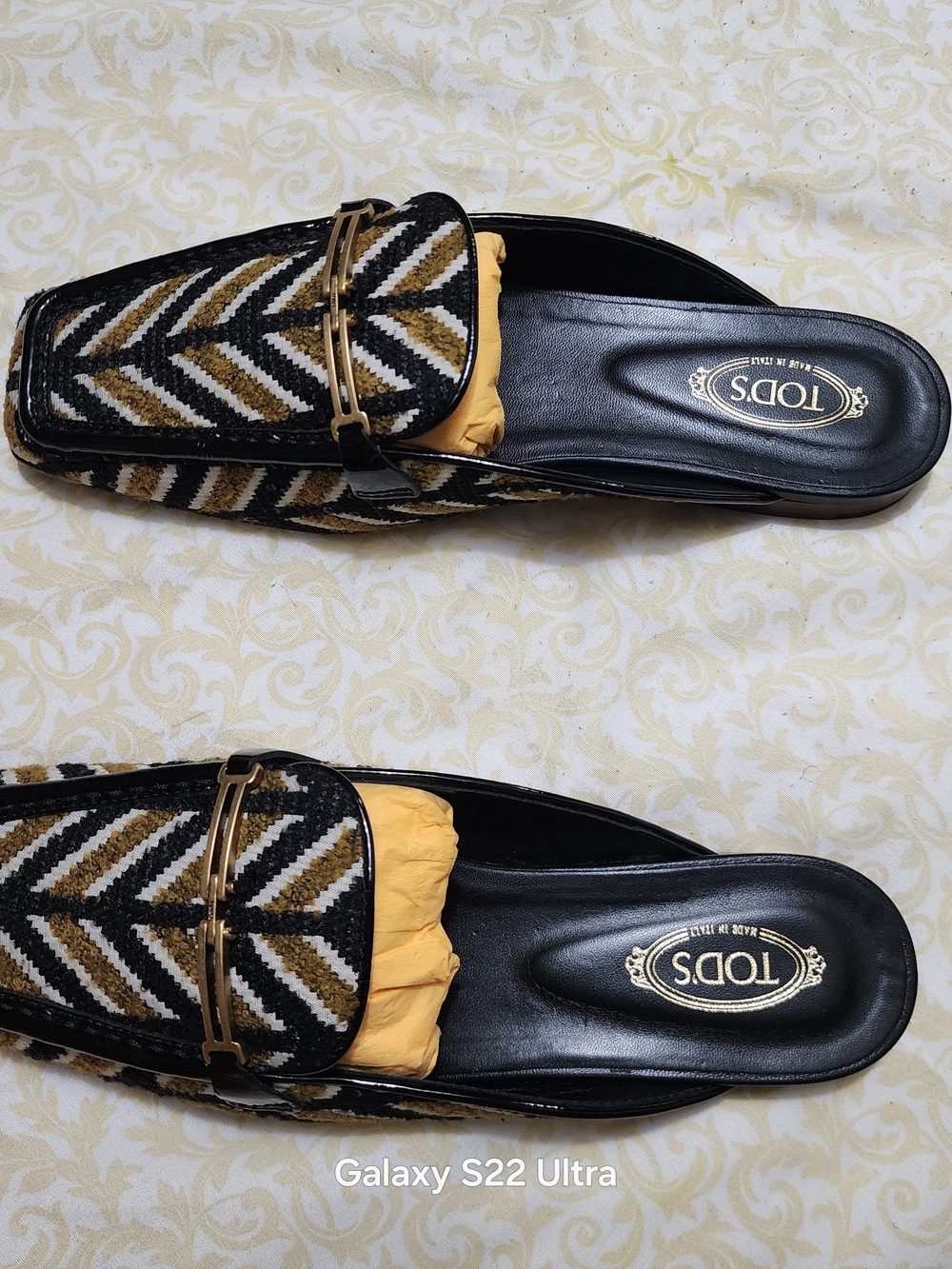 Tod's Black, White and Gold Patterned Women's Mules